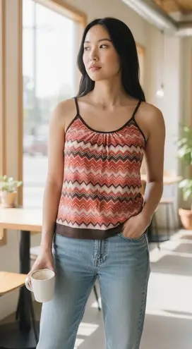 Women Tank Top Brown Pink Orange Zigzag Spaghetti Strap Boho Retro Size M/L Size M