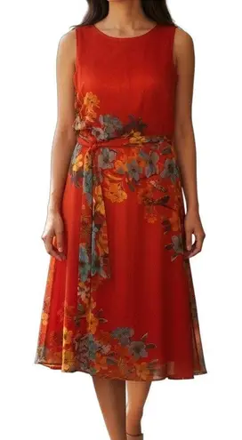 MSK Blouson Red Floral Belted Maxi Dress Size 8 Ankle Length Sleeveless