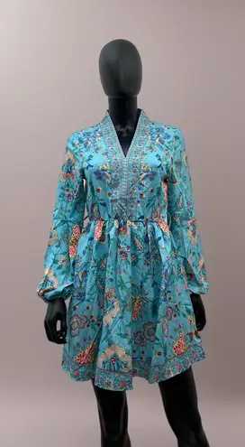Sunday Up Boho Floral Mini Dress,ā Blue Print, Belt Included, Size S