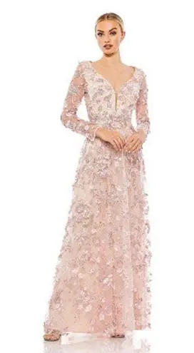 Mac Duggal Pink Floral long Skeeve Lace Applique Deep V Neck ALine Gown Size 14