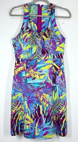 Title Nine Arabella Nimblene Halter Dress Purple Palm Trees Back Zip SUP Size 8