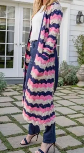 Laurie Felt Pointelle Knit Maxi Cardigan Duster Sweater Navy Pink Tan Size XXS