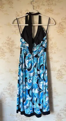 Vintage Y2K Dressbarn blue white black retro floral paisley halter mini dress Size 6