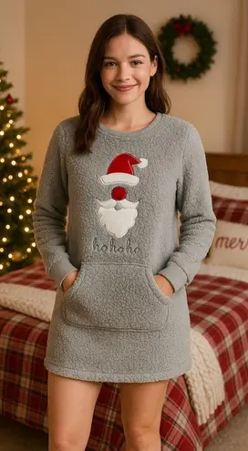 NWT Peaches & Dreams Embroidered Santa Teddy Ho Ho Ho Sleep Nightgown Size Small Gray