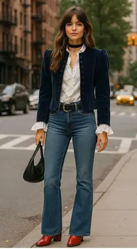 Vintage Blue Velvet Boho Chic Streetwear Fitted Edwardian Puff Sleeve Large