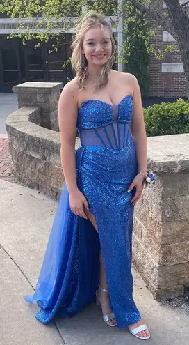 Camille La Vie Blue Sequin Prom Dress