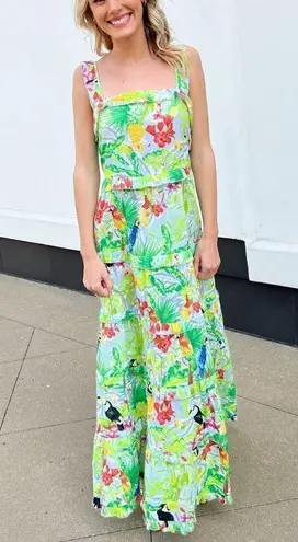 Just Bellina Vanvas Mariko Flutter Maxi Dress Lime Tropical Toucan S Green