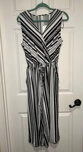 Ny Collection Jumpsuit Size Small Black White Stripes Wide Leg Cropped