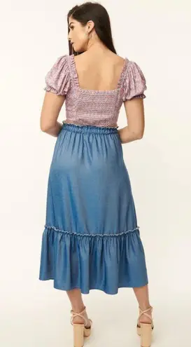 Unique Vintage NWT 1970s Chambray Ruffle Tiered Midi Skirt SMALL