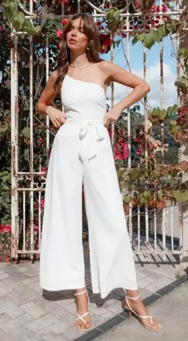 Petal and Pup Leyton White One Shoulder Wide Leg Belted Jumpsuit 2