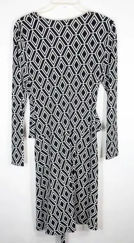 Cache  Small Dress Black White Diamond Print Knee Length Belted Long Sleeve 207