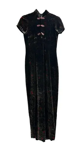 Vintage Velvet Chinese Cheongsam Dress Short Sleeve Gothic WhimsiGoth Y2K Small Brown