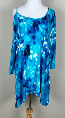 Clara Sun Woo Tunic Top Womens XL Blue Handkerchief Hem Cut Out Printed Artsy