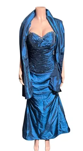 J&J Strapless long blue dress with beading and corset 10/M Size M