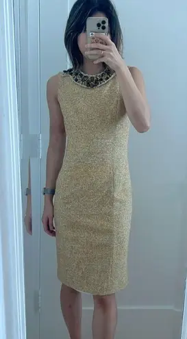 Carolina Herrera beige tweed embellished midi dress