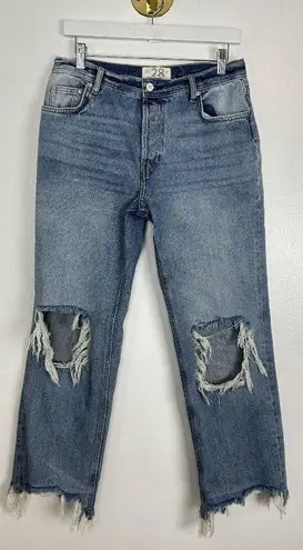 Free People  Maggie Straight Leg Mid Rise Distressed Denim Jeans in Blue US 28