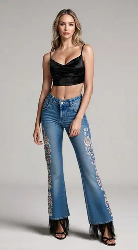 Y2K Vintage Embellished Embroidered Beaded Flare Jeans Low Rise 2000s Fairy Boho Blue Size 27