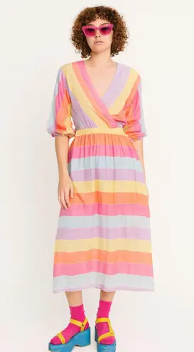 Tara Jarmon Rainbow Stripe Midi Dress Small Dopamine Dressing Parisian Pastel Pink