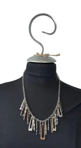 Mixed Metal Statement Necklace With Hammered Geometric Pendants & Lobster Clasp Silver