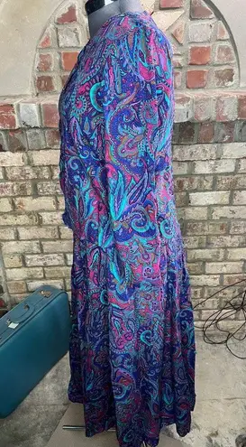 skirt set paisley fuchsia purple teal button front blouse swing skirt 1980s Size 12