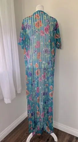 Vintage ‘80s Lady Cameo Dallas Teal Floral Print Sheer Maxi Duster Robe Blue Size M