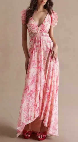 Mac Duggal 9161 Floral Ruffle Shoulder Lace Up Gown Size 2 Pink