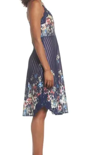Foxiedox Floral Dress Blue S Knee Length A-line Sleeveless Straps Lace Party