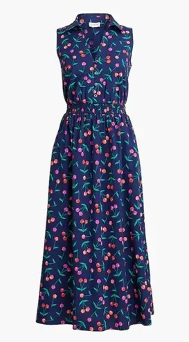 NWT J.Crew Factory Printed Sleeveless Collared Midi Dress Cherry Print Size 12P Blue