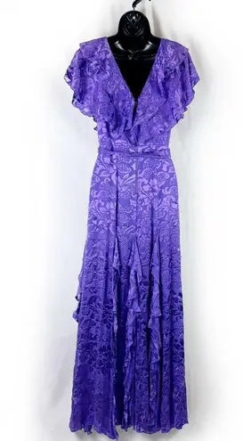 Alice + Olivia  Tessa Purple Ruffle V Neck Maxi Dress Gown Jacquard Floral Size 2