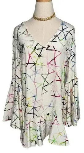 Alexis  Giovanna Flounce Bell Sleeve 100% silk Geometric Mini Dress size L 8-10