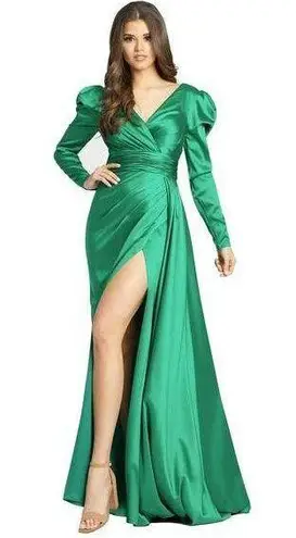 Mac Duggal 12404 Emerald Green Puff Sleeve Satin Faux Wrap Gown Size 12 NWT