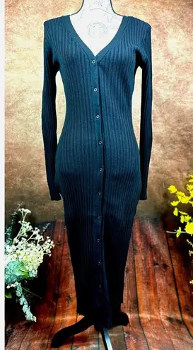 LITA By Ciara Icon Rib V Neck Cardigan Button Front Midi Dress Black M Size M