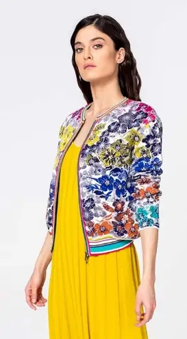 IVKO Floral Rhapsody Pattern Cardigan in White Cotton Zip Up Sweater Jacket Blue Size 10