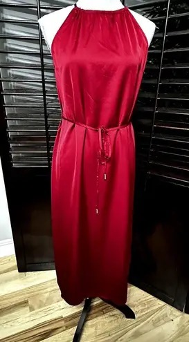 INC  Women's Red Satin Crape Halter Belted Midi Dress Side Slit 4 NWT