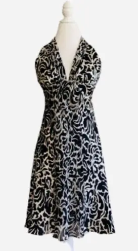 White House | Black Market WHBM Halter Dress Black Cream Floral Sleeveless Silk Flowy Halter Dress Size 4