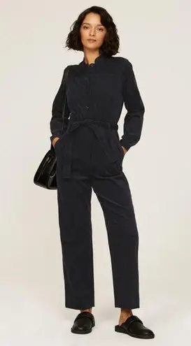 A.P.C. Justine Navy Blue Corduroy Long Sleeve Button Front Jumpsuit Size S Black
