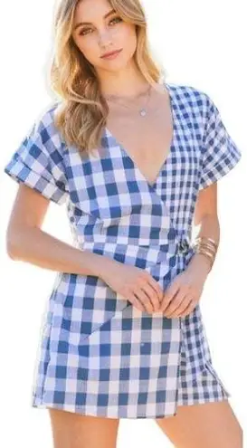 Main Strip New Gingham V Neck Tie Wrap Front Romper Plaid Blue S