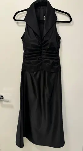 Tadashi Vintage 1990s Black Satin Ruched Tuxedo Collared Style Midi Dress Size 4