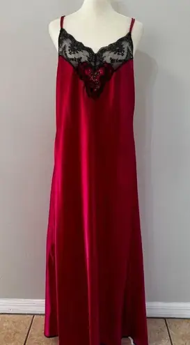 Vanity Fair Vintage  Long Nightgown Red Lace Shiny Satin USA Slip Gown Size large