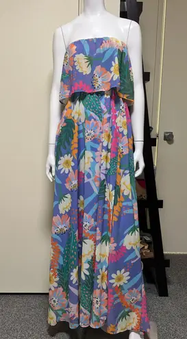 Floral pastel colors Spring maxi dress with strapless ruffle design