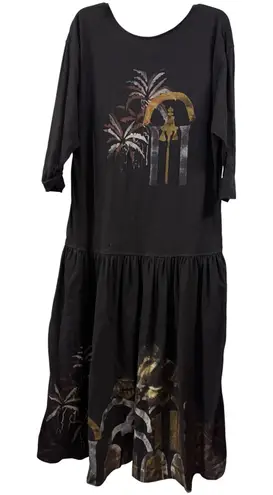 Black Graphic T Shirt Dress Palm Tree Arch Print Midi Drop Waist Boho XL vintage