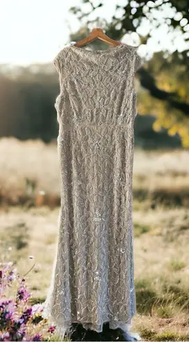 Mac Duggal Handmade Beaded Embellished Gown Cowl Neck Cal Sleeve Evening Formal