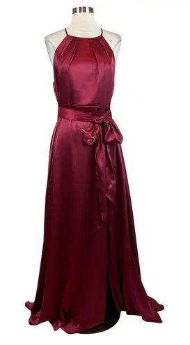 Alex Evenings Wine Red Satin Evening Gown Size 12 A-Line Halter Formal Dress