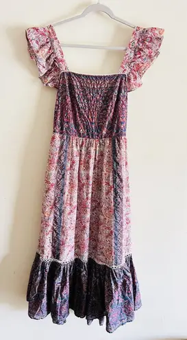 Haute Hippie Maxi Dress Boho Flutter Sleeve Cotton Flounce Hem Floral Sz 12