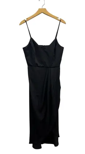 Lulus V Neck Spaghetti Strap Pleated Faux Wrap Reinette Black Midi Dress size L Size L