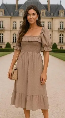 R. Yiposha Midi Dress Cottagecore Piff Sleeve Square Neck Summer Spring Boho XL Tan Size 1X