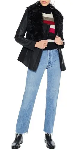 Boutique Ashley B Leather Shearling Wool Zipper Cowl Moto Biker Coat Jacket Black S $1795