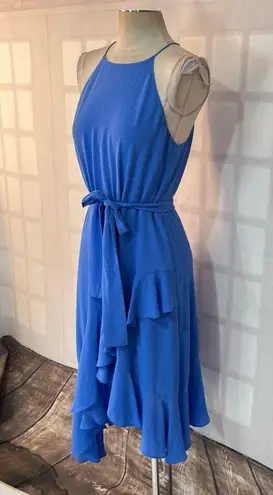 Cynthia Steffe CeCe Blue Sleeveless Cascasding Ruffle Halter Asymmetrical Dress Size 8