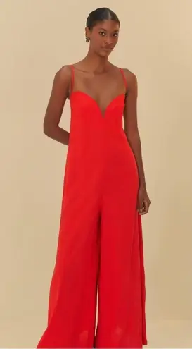 Farm Rio NWOT  Linen Blend Sleeveless Wide Leg Jumpsuit Sz S Red
