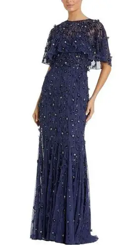 Mac Duggal Navy Embellished Illusion Cape Sleeve Trumpet Gown Midnight size 16
